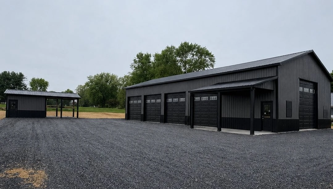 Black and charcoal pole building garage on a gravel lot